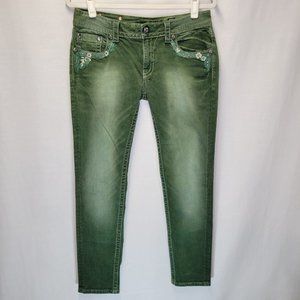 Miss Me Women's Size 30 Jeans Signature Rise Skinny Green Button Flap Pocket